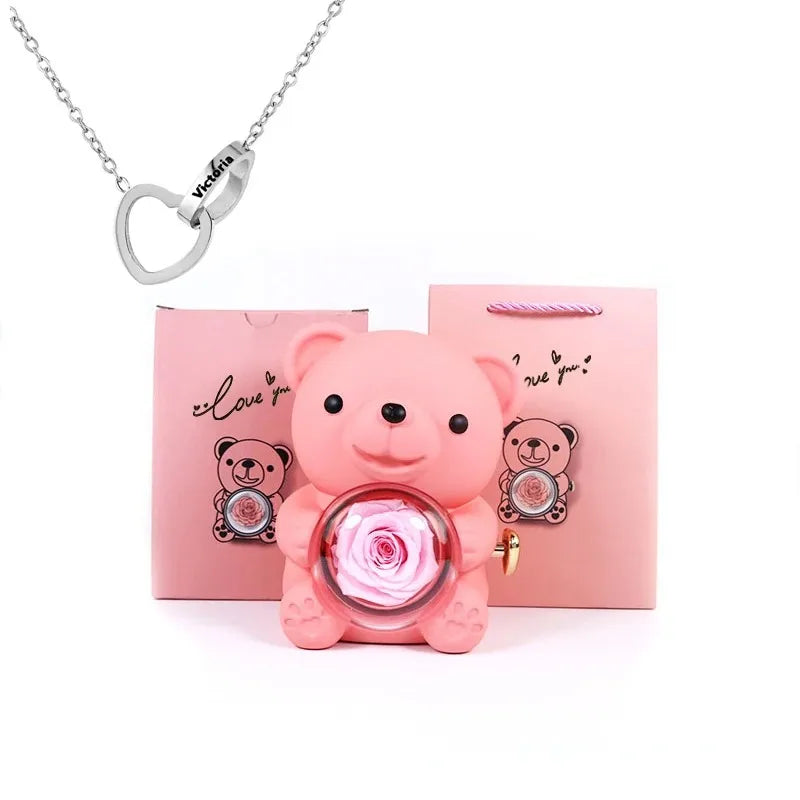 LovelyPresents – Luxe Eternal Rose Teddy Bear met Gepersonaliseerde Naamketting