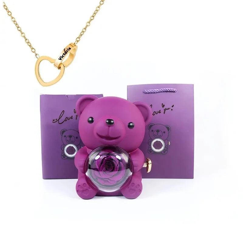 LovelyPresents – Luxe Eternal Rose Teddy Bear met Gepersonaliseerde Naamketting