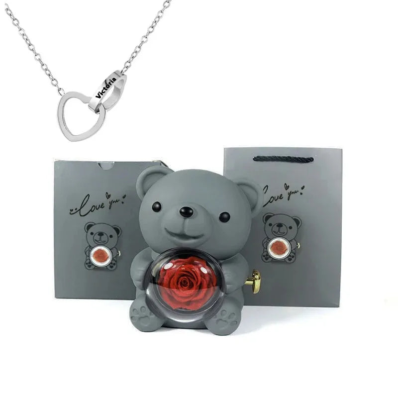 LovelyPresents – Luxe Eternal Rose Teddy Bear met Gepersonaliseerde Naamketting