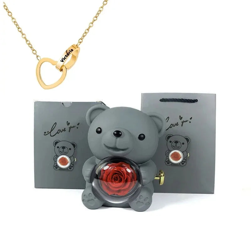 LovelyPresents – Luxe Eternal Rose Teddy Bear met Gepersonaliseerde Naamketting
