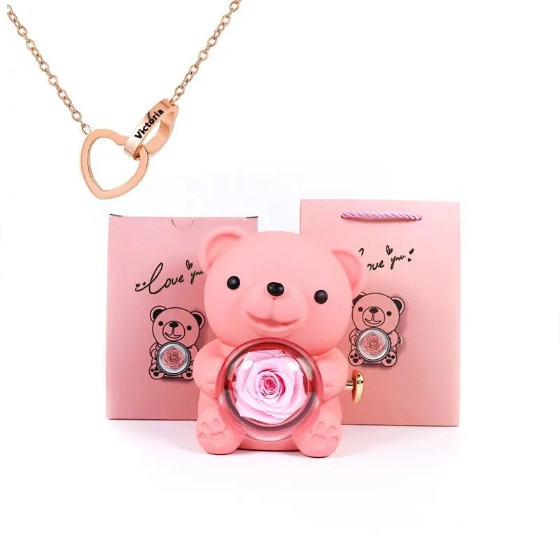 LovelyPresents – Luxe Eternal Rose Teddy Bear met Gepersonaliseerde Naamketting